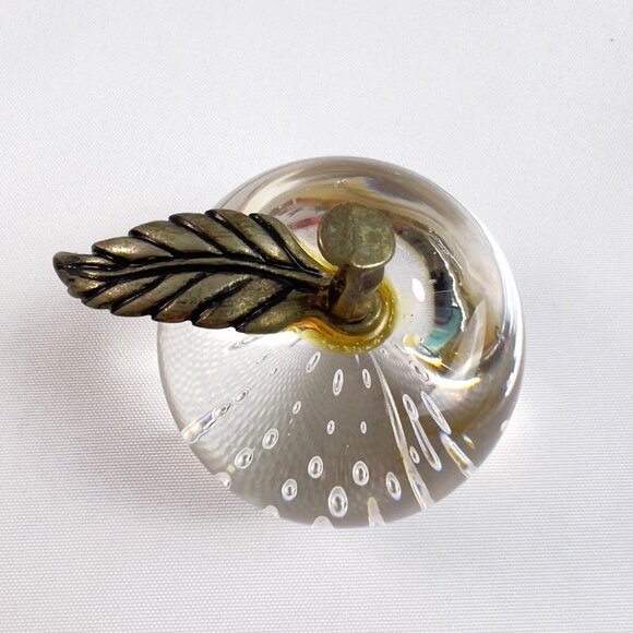 Clear Glass Apple Vintage Paperweight Bullicante Bubbles & Brass Stem 2.25x2.50 - Picture 5 of 9